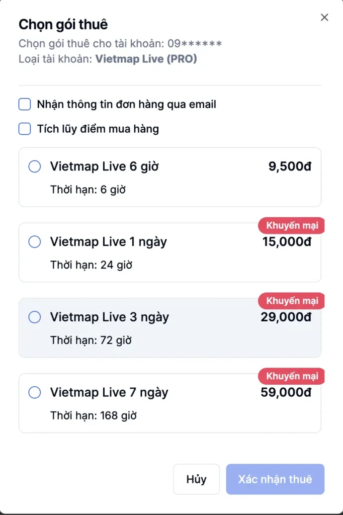 Giao diện chọn gói thuê tài khoản tại app thuevip Giao diện chọn gói thuê tài khoản tại app thuevip