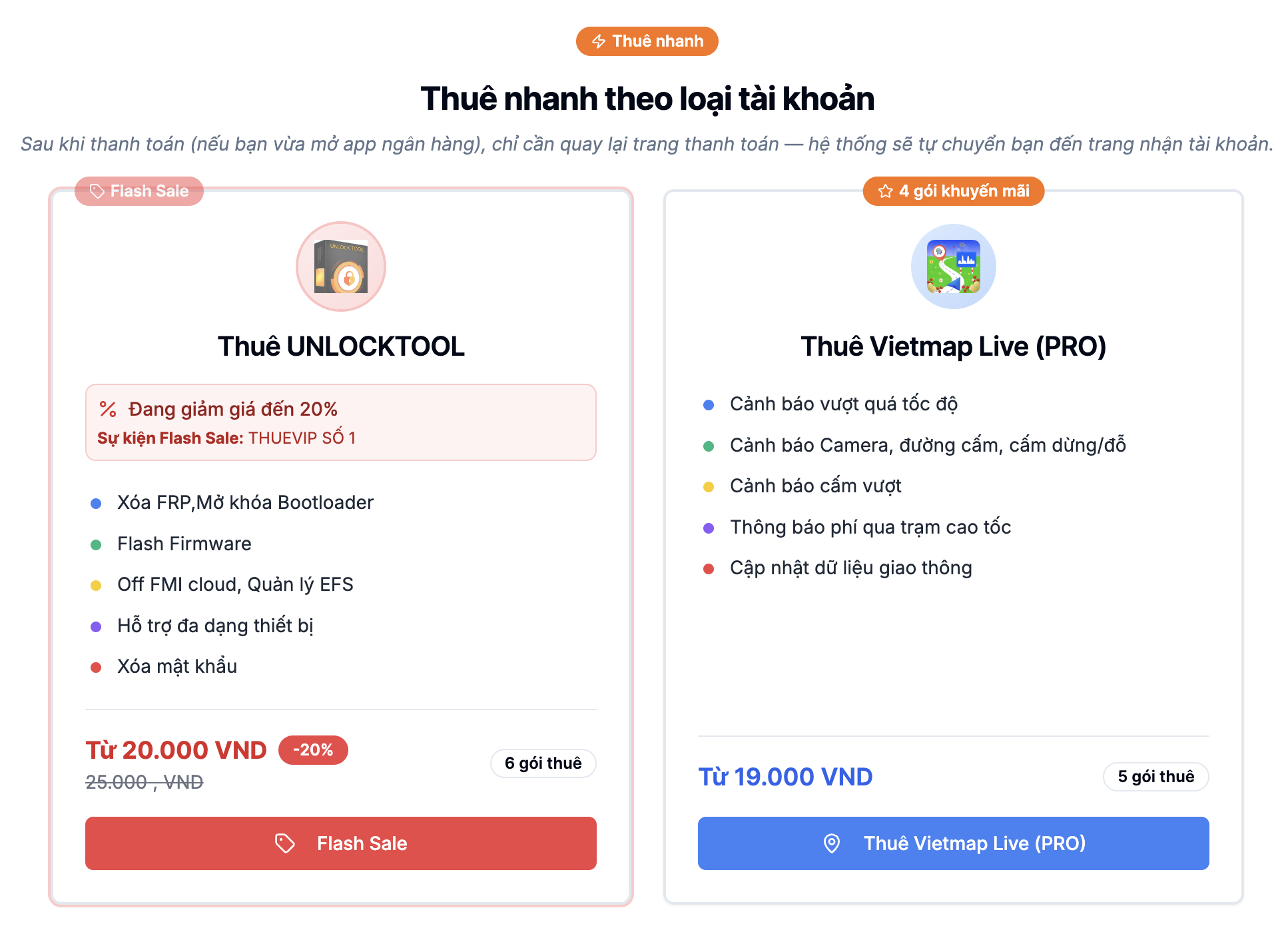 chọn loại tài khoản muốn thuê