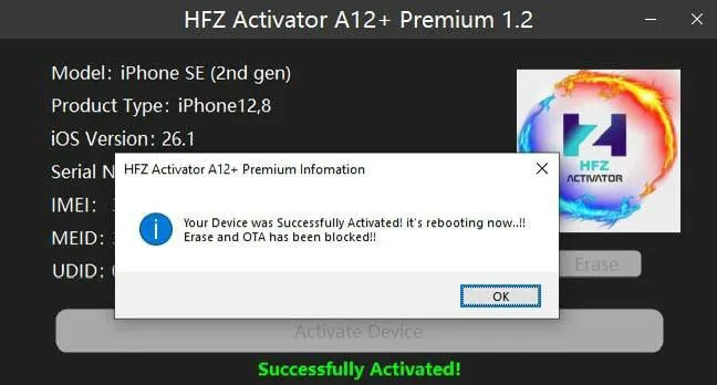 Giao diện HFZ Activator A12+ Premium dùng để bypass iCloud