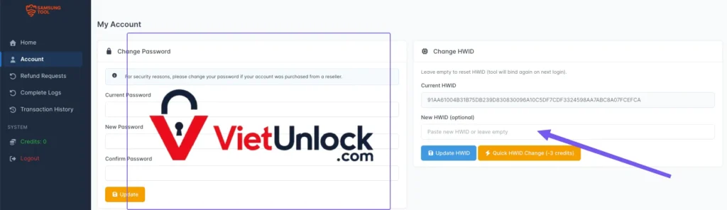 my-account-samsungtool-thuevip Instant HWID Change hoặc tùy chọn đổi HWID bằng credits